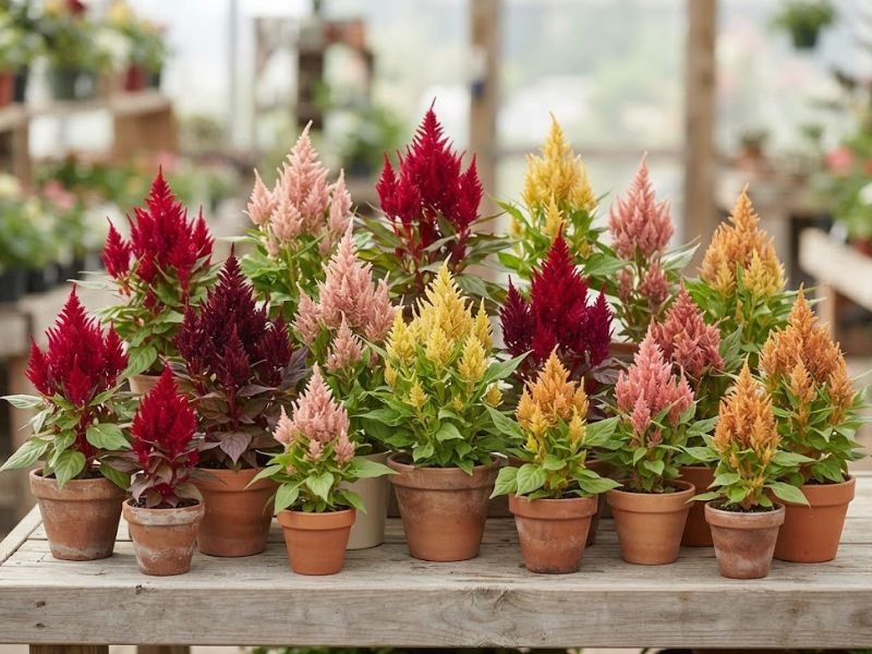 Vasos com celósias plumosas de diferentes cores e tamanhos em floricultura