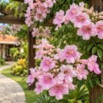 Flores rosadas da trepadeira sete léguas em destaque sobre pergolado de madeira em jardim residencial.