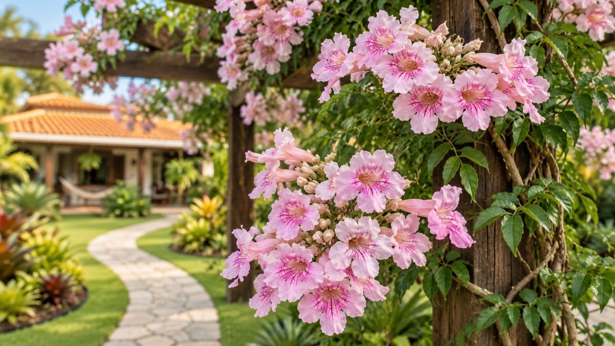 Flores rosadas da trepadeira sete léguas em destaque sobre pergolado de madeira em jardim residencial.