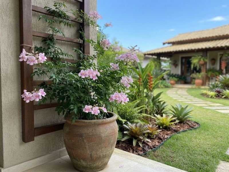 Trepadeira sete léguas jovem cultivada em vaso grande junto a treliça de madeira no jardim.