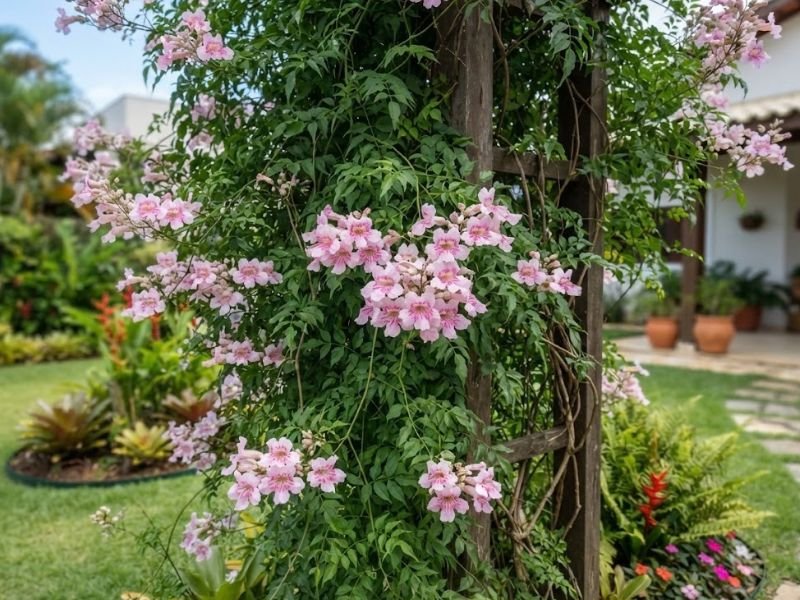 Trepadeira sete léguas com flores rosadas e folhas compostas conduzida em estrutura de madeira no jardim.