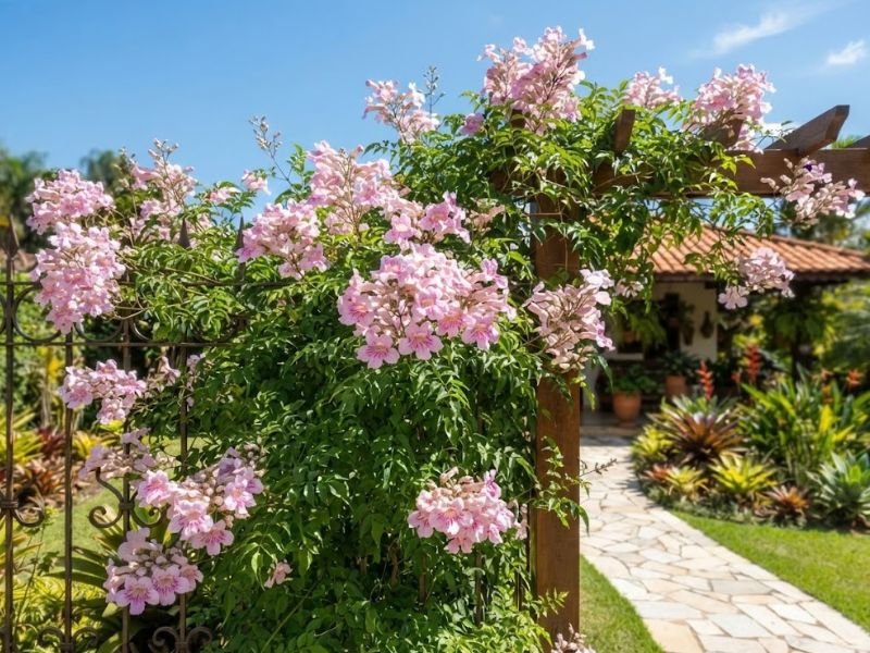 Trepadeira sete léguas florida recebendo sol direto em estrutura ornamental no jardim.