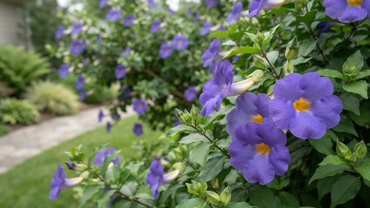 Flores azul-violeta de tumbérgia arbustiva com garganta amarela em destaque