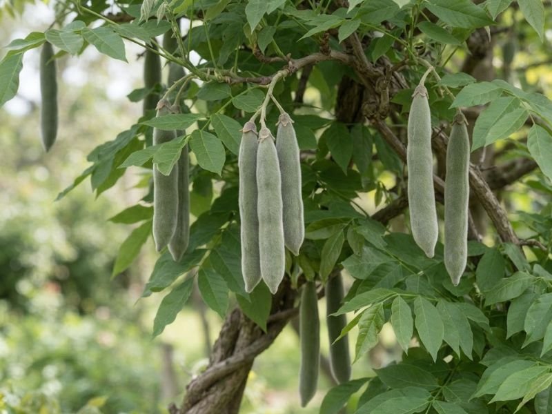 Vagens da glicínia pendentes entre folhas verdes após a floração