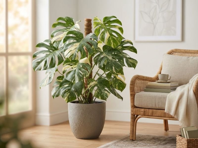 Costela de adão variegata decorando um canto de leitura
