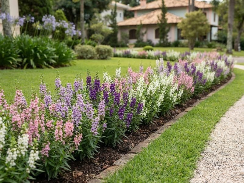 Canteiro longo de angelônia colorida formando bordadura em jardim residencial