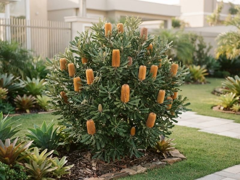 Banksia adulta muito florida como destaque de jardim residencial