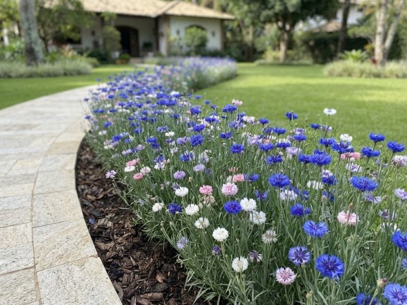 Bordadura florida de centáureas azuis, brancas e rosadas ao lado de caminho curvo em jardim residencial.