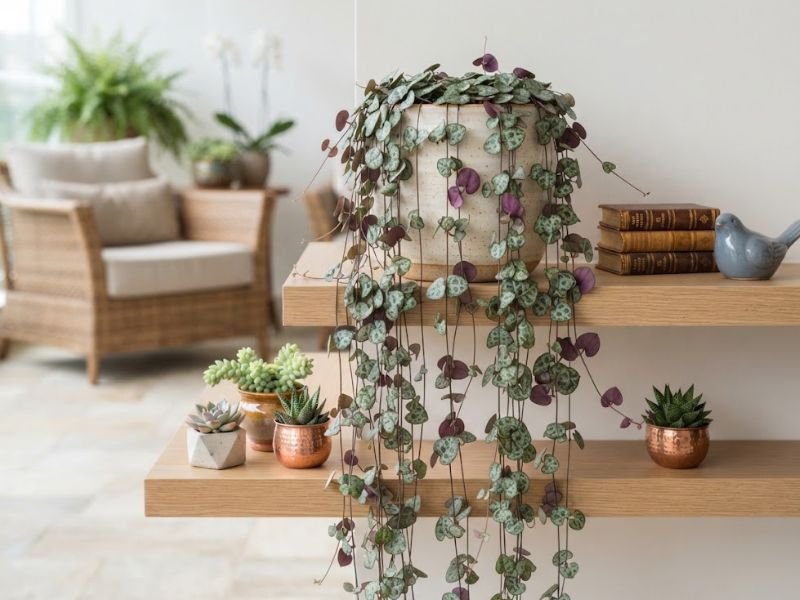 Coração emaranhado em composição decorativa com suculentas em ambiente claro e aconchegante
