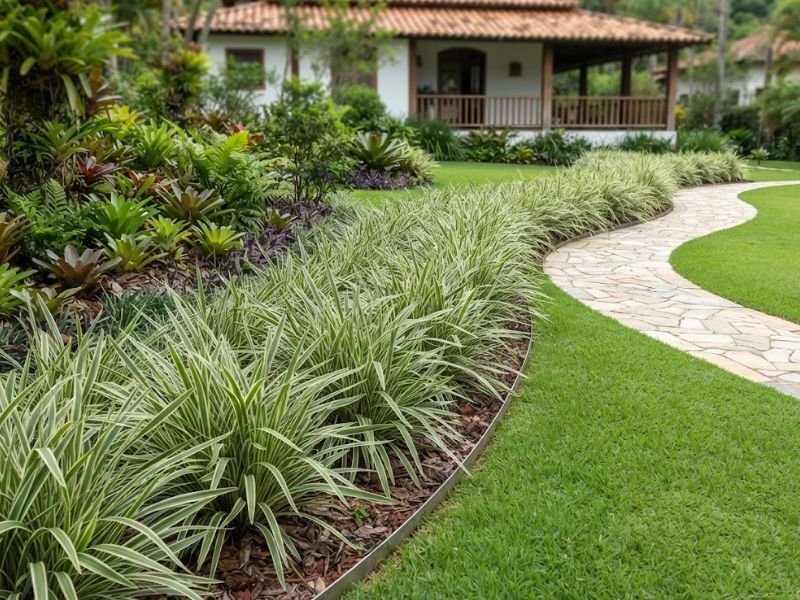 Bordadura longa de dianela variegata acompanhando caminho curvo em jardim residencial bem cuidado.