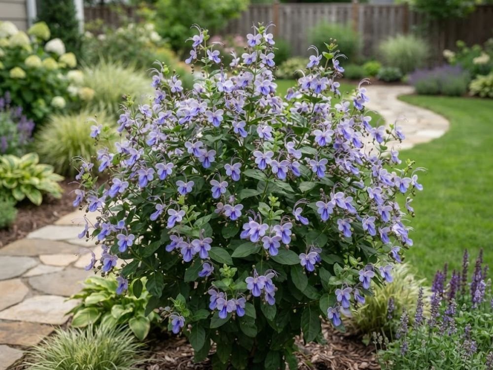 Flor borboleta azul formando arbusto ornamental florido no jardim