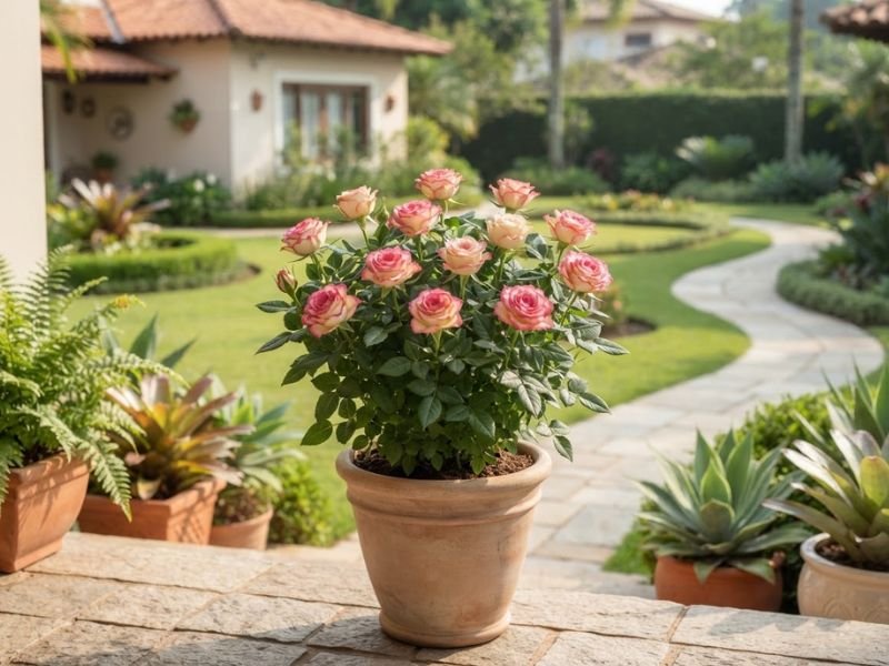 Mini rosa bicolor em vaso decorando área externa de jardim residencial.