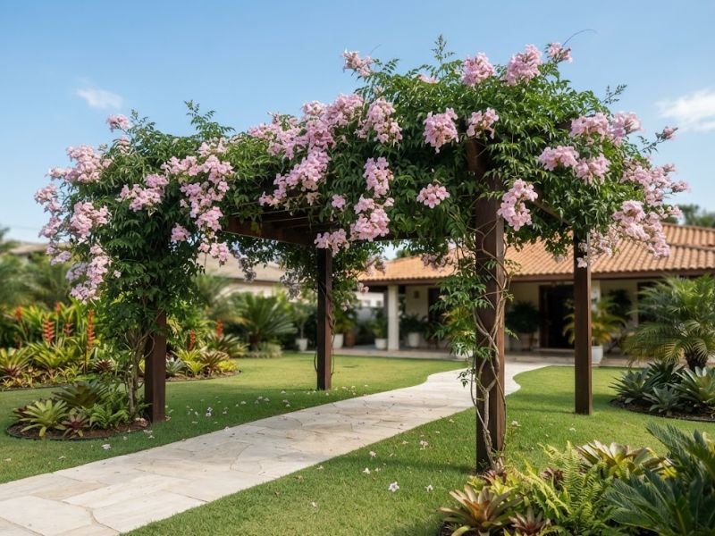 Grande pergolado coberto pela trepadeira sete léguas florida em jardim residencial bem cuidado.
