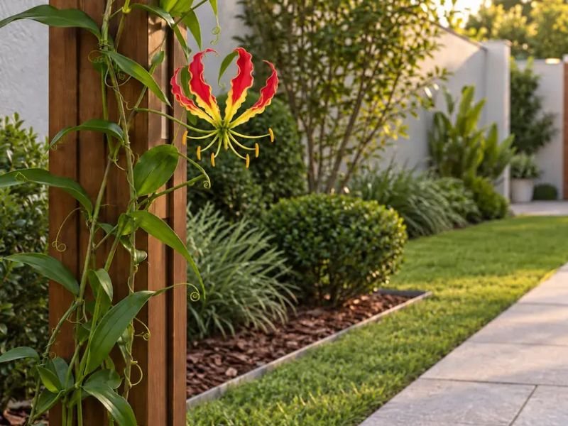 Gloriosa superba florida destacando um suporte de madeira em jardim residencial