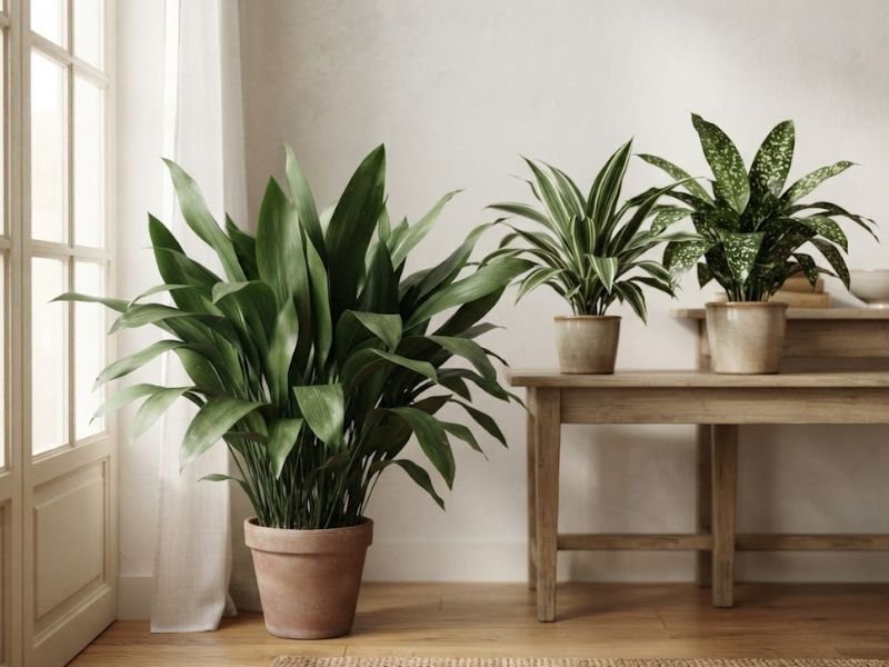 Aspidistras verde, listrada e pintada cultivadas juntas em ambiente interno