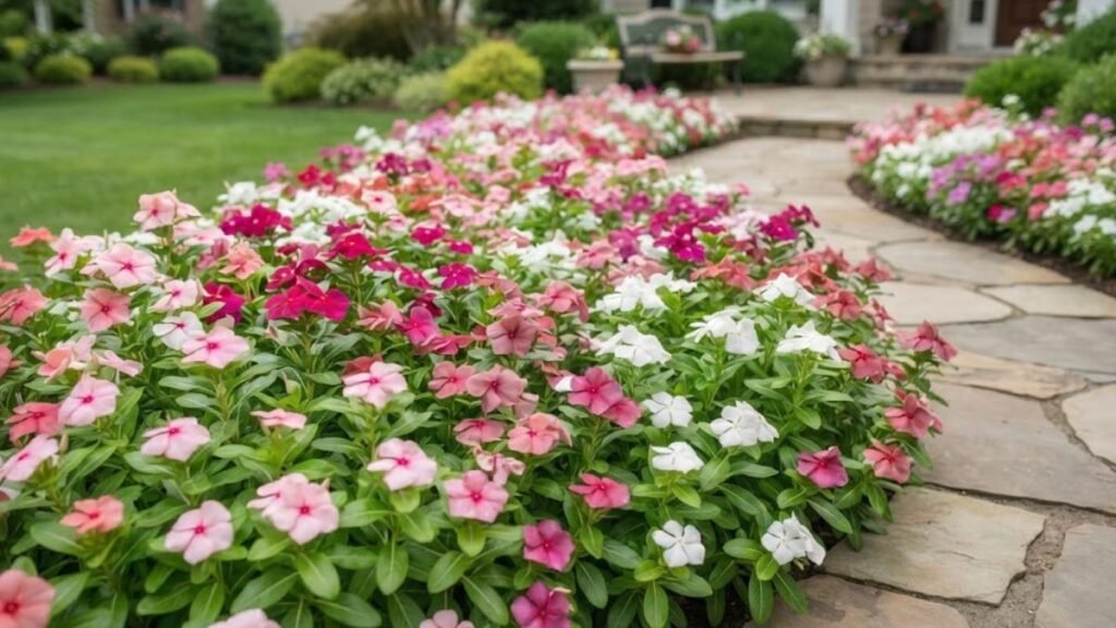 Canteiro de vincas rosas, brancas e magenta ao longo de caminho em jardim residencial