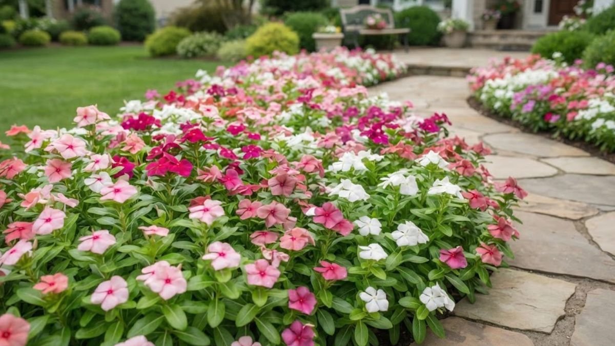 Canteiro de vincas rosas, brancas e magenta ao longo de caminho em jardim residencial