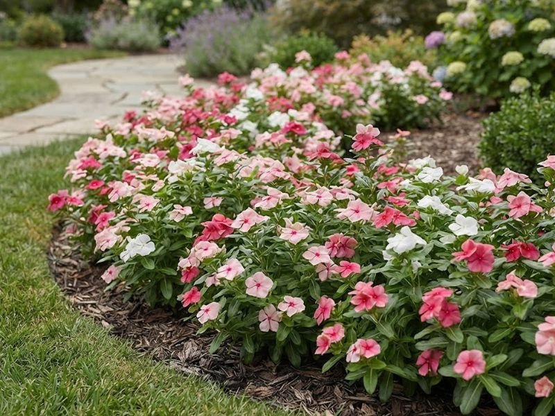 Vincas rosas e brancas cultivadas em grupo em canteiro de jardim