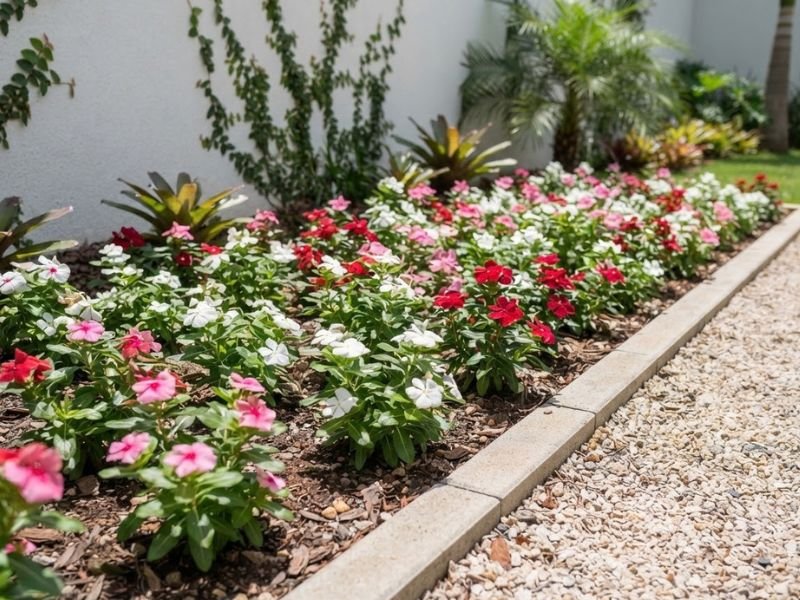 Vincas rosas, brancas e vermelhas cultivadas em canteiro ensolarado
