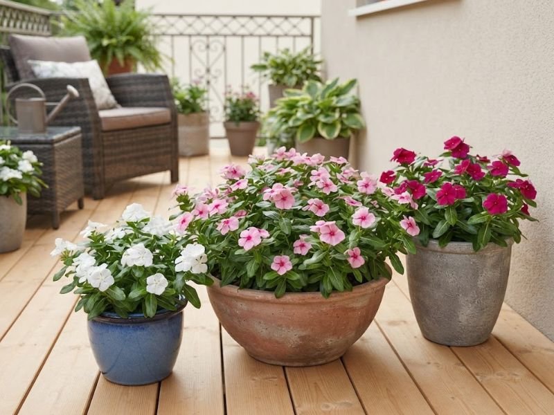 Vincas brancas, rosas e magenta cultivadas em vasos na varanda