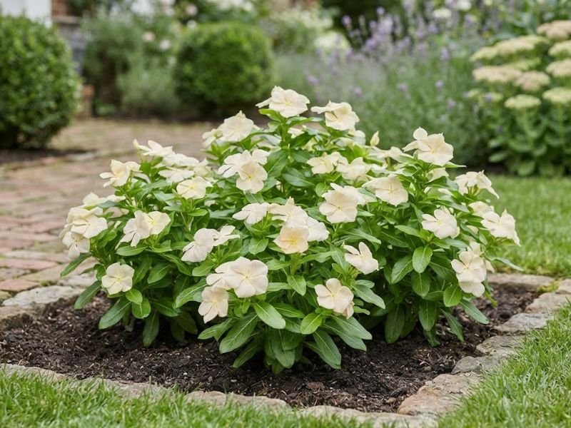 Vincas com flores branco-creme e centro levemente amarelado em canteiro