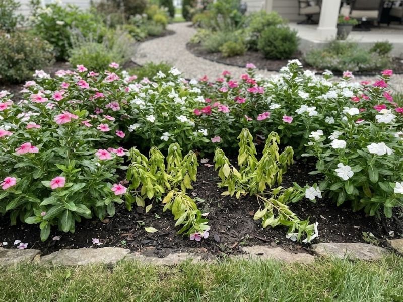 Vincas murchas e amareladas entre plantas saudáveis no mesmo canteiro