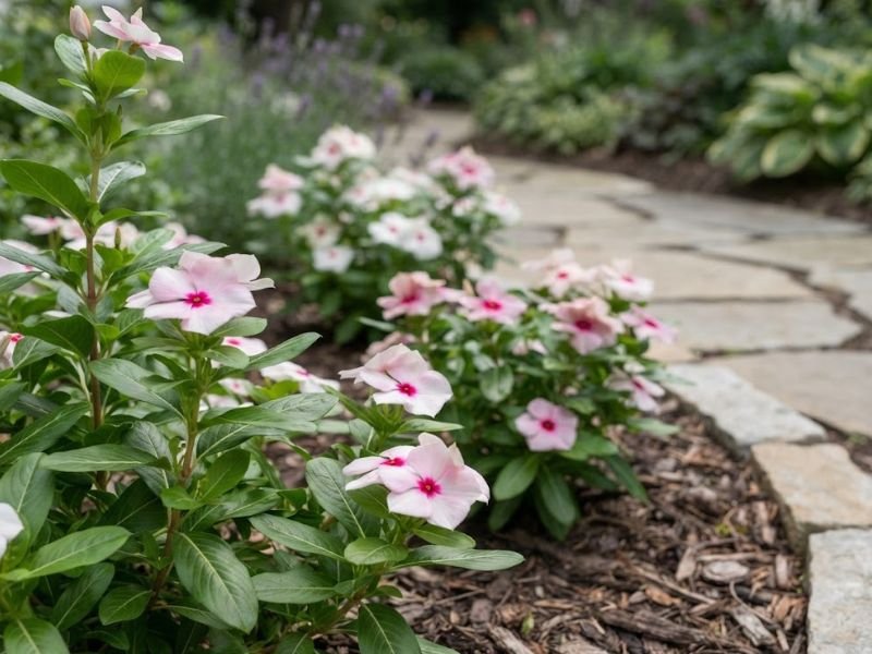 Flores, folhas e caules de vinca em detalhe no jardim