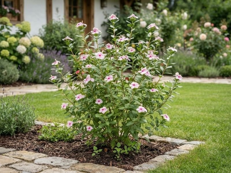 Vinca-rosa antiga com porte alto, flores rosa-claro e crescimento aberto em jardim residencial