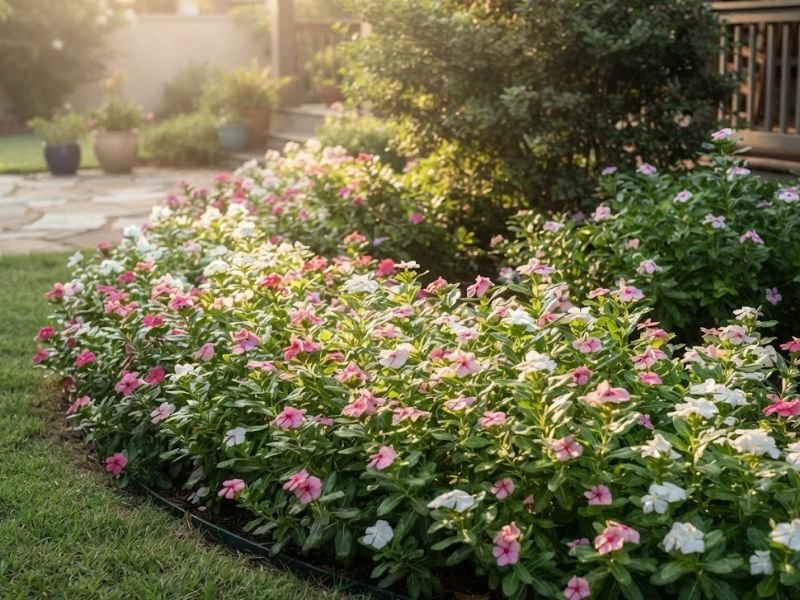Canteiro de vincas floridas recebendo luz solar em jardim residencial