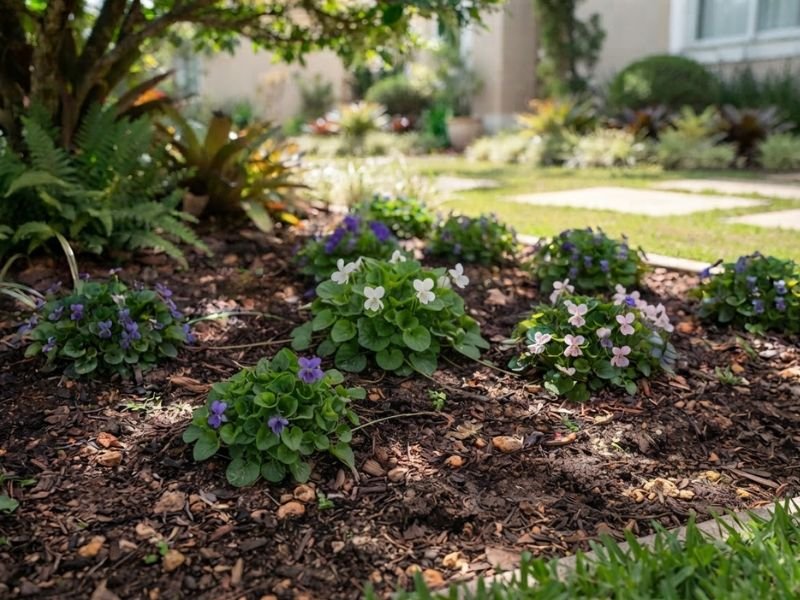 Violetas perfumadas com flores violetas, brancas e rosa-claras cultivadas em grupos no mesmo canteiro.