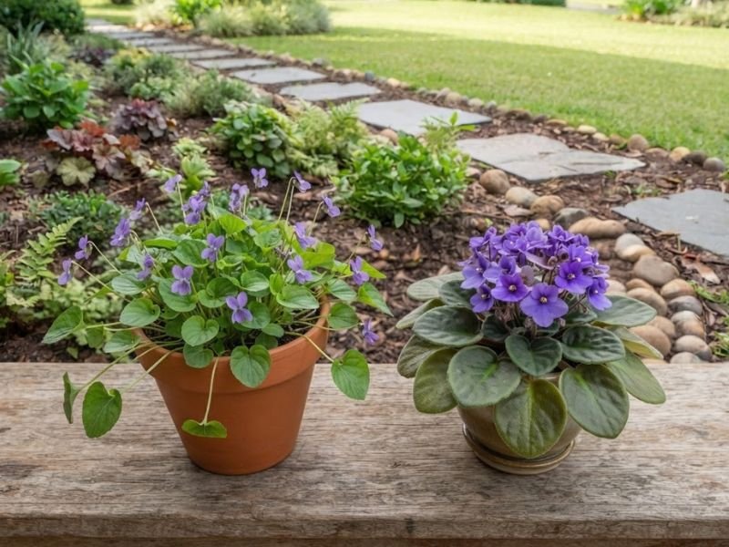 Viola odorata e violeta africana cultivadas em vasos separados, mostrando diferenças nas flores e na folhagem.