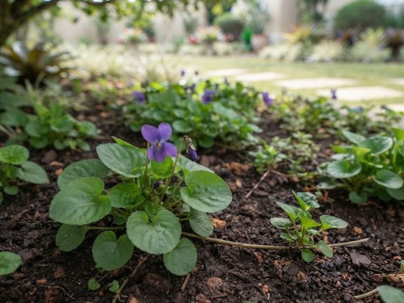 Viola odorata com flor violeta, folhas cordiformes e estolão ligado a uma nova planta em crescimento.