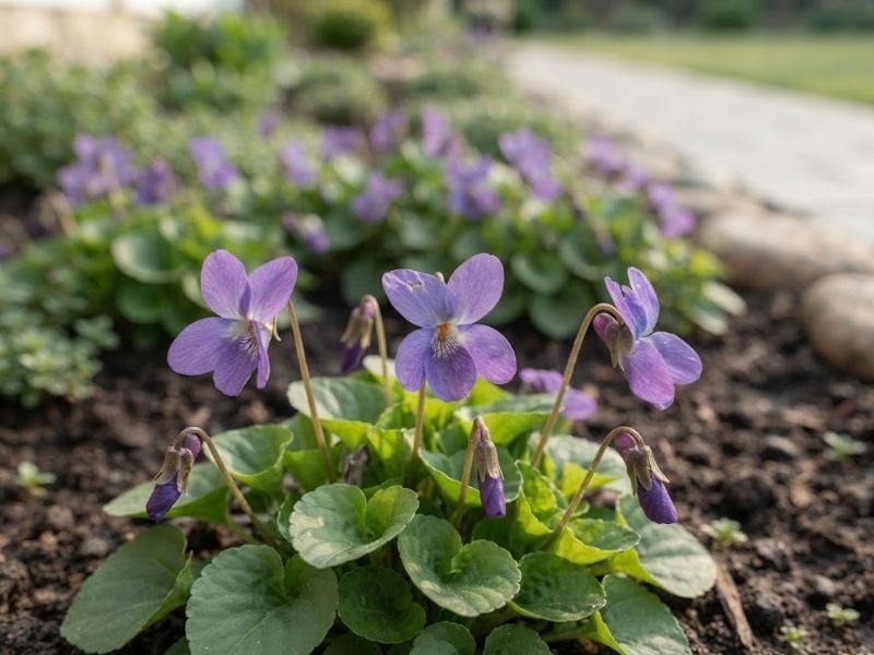 Flores violetas de Viola odorata em destaque, acompanhadas por folhas verdes e botões florais.