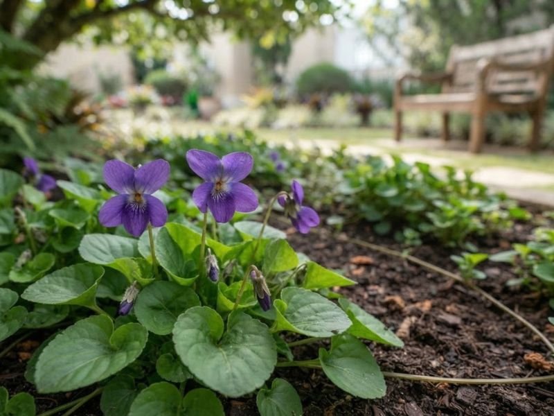 Duas flores violetas de Viola odorata em primeiro plano, com jardim e banco de madeira ao fundo.