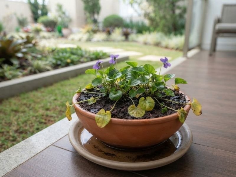 Viola odorata cultivada em vaso com folhas amareladas e água acumulada no pratinho.