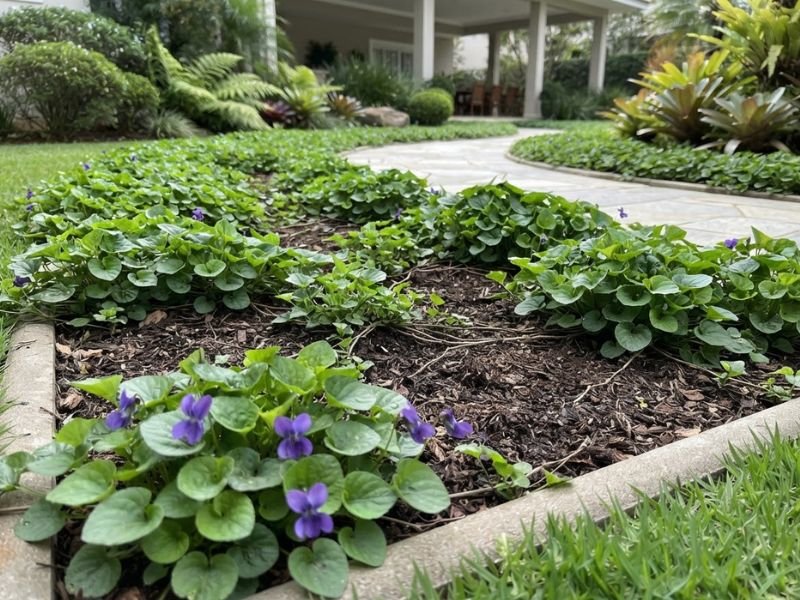 Viola odorata formando cobertura vegetal baixa ao longo de um caminho em jardim residencial.