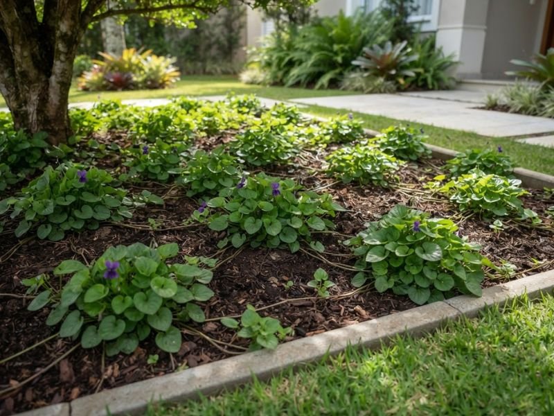 Violetas perfumadas formando cobertura vegetal baixa em canteiro parcialmente sombreado por uma árvore.