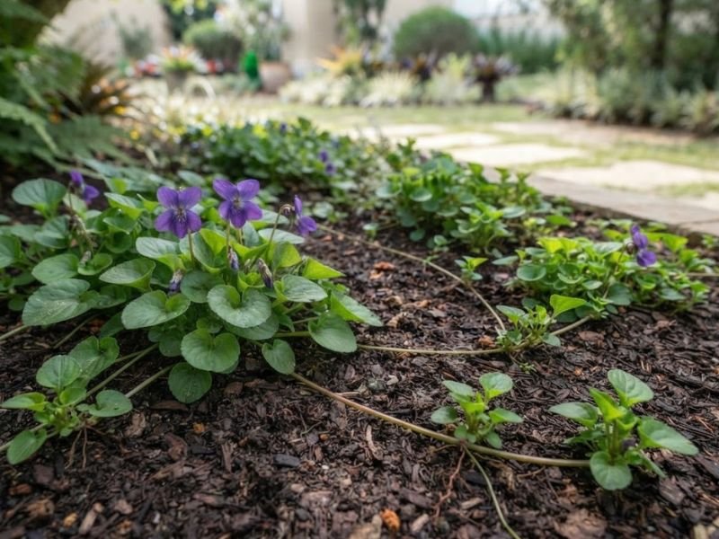 Viola odorata com folhas verdes e pequenas flores violetas, apresentando estolões que se espalham pelo solo.