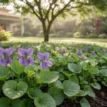 Flores violetas de Viola odorata em primeiro plano, com canteiro de violetas perfumadas ao fundo em jardim residencial.