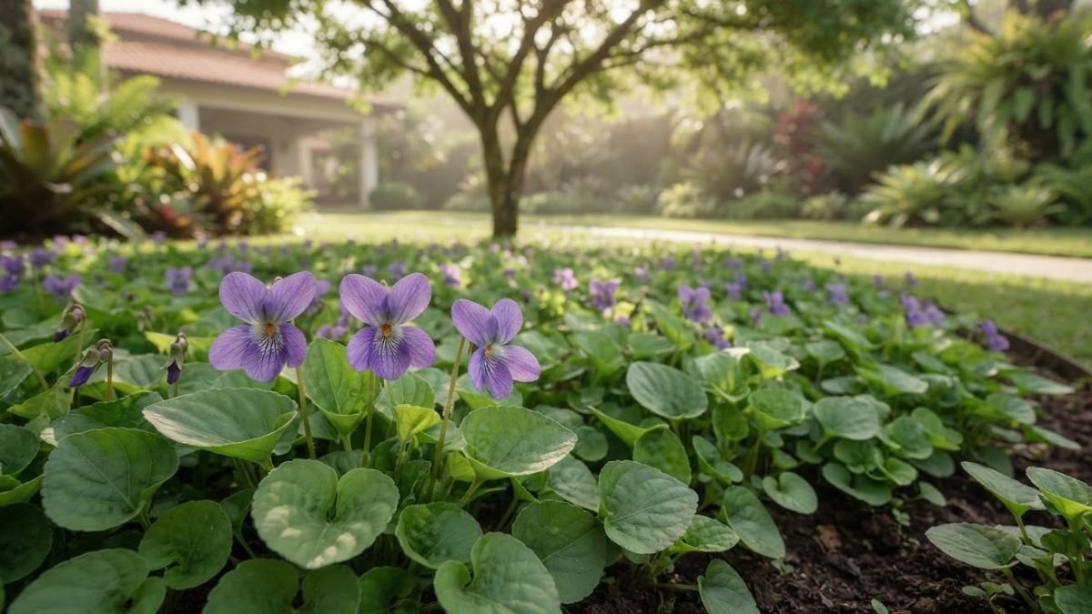 Flores violetas de Viola odorata em primeiro plano, com canteiro de violetas perfumadas ao fundo em jardim residencial.