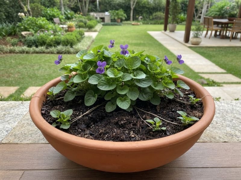Violeta perfumada cultivada em vaso largo de terracota, com folhas verdes e pequenas flores violetas.