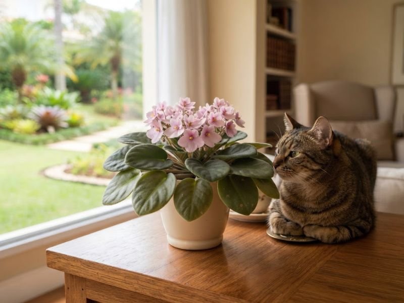 Gato doméstico próximo a vaso com violeta-africana rosa dentro de casa