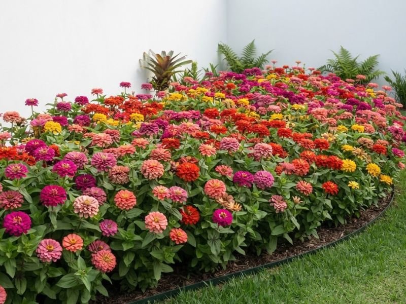 Zínias rosas, corais e vermelhas formando um maciço florido no jardim