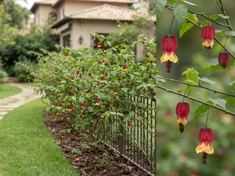 Abutilon megapotamicum com flores pendentes de cálice vermelho e pétalas amarelas em jardim residencial.