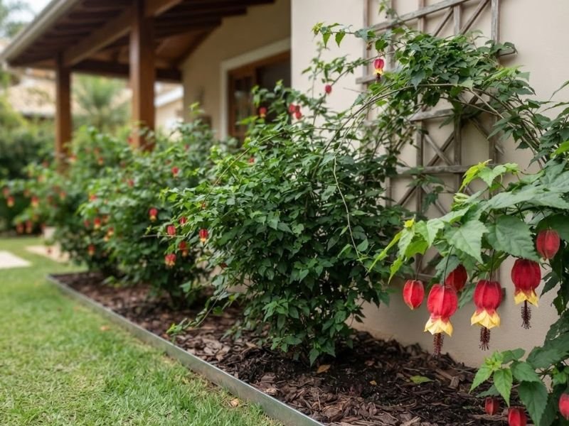Abutilon megapotamicum com flores pendentes vermelhas e amarelas em ramos apoiados sobre treliça de madeira.