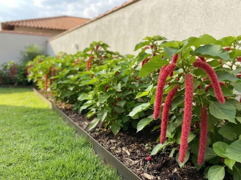 Acalifa macarrão com longas inflorescências vermelhas pendentes e folhas verdes serrilhadas em canteiro.