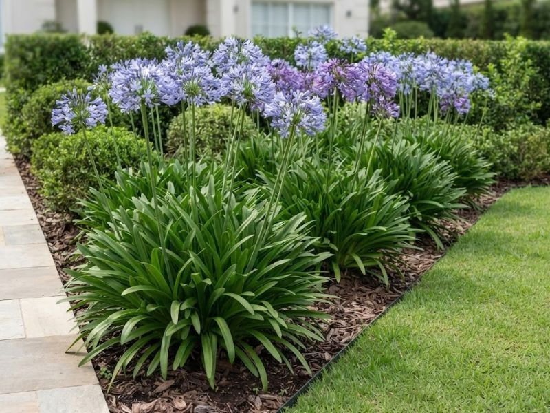 Agapanto com flores azuladas formando touceira em canteiro residencial