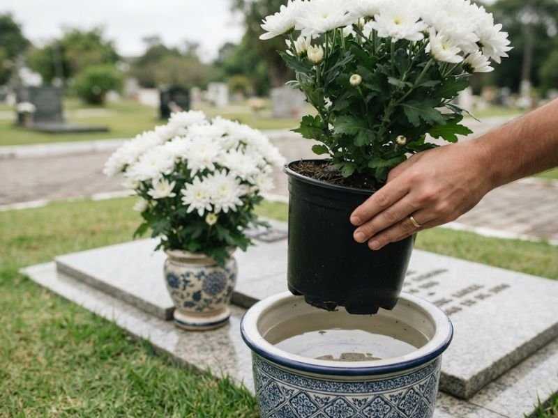 Como evitar o mosquito da dengue: mão levanta um vaso de crisântemos brancos e revela água acumulada no cachepô.