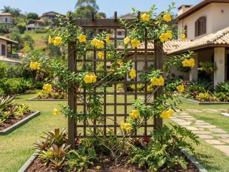 Alamanda amarela florida conduzida em treliça de madeira sob sol direto