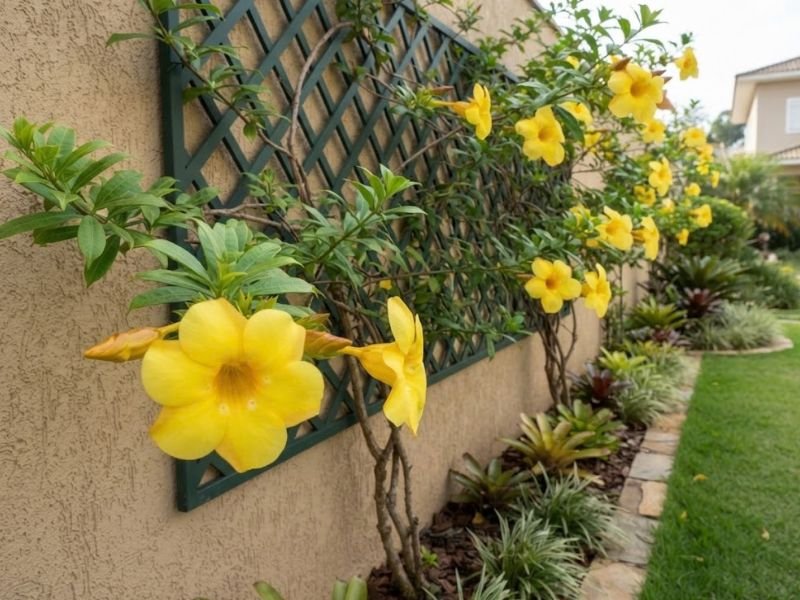 Flores amarelas de alamanda em primeiro plano diante de uma treliça verde.